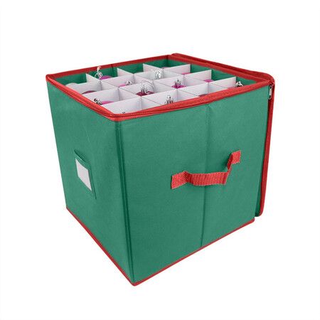 64 slots Christmas Ornament Storage Box with Adjustable Dividers, Oxford Holiday Ornament Storage Container Zipper 33x33x33cm Green