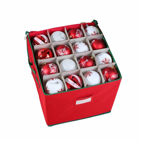 64 slots Christmas Ornament Storage Box with Adjustable Dividers, Oxford Holiday Ornament Storage Container Zipper 33x33x33cm (Red)