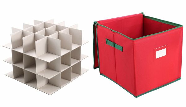 64 slots Christmas Ornament Storage Box with Adjustable Dividers, Oxford Holiday Ornament Storage Container Zipper 33x33x33cm (Red)