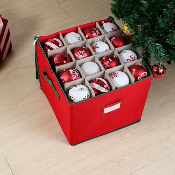 64 slots Christmas Ornament Storage Box with Adjustable Dividers, Oxford Holiday Ornament Storage Container Zipper 33x33x33cm (Red)