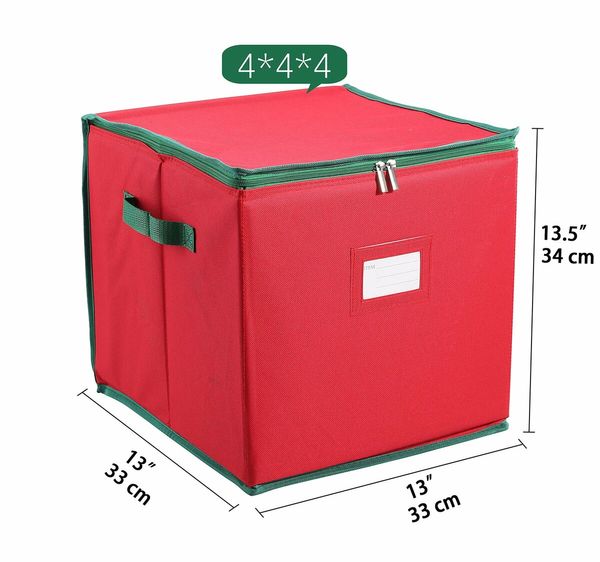 64 slots Christmas Ornament Storage Box with Adjustable Dividers, Oxford Holiday Ornament Storage Container Zipper 33x33x33cm (Red)