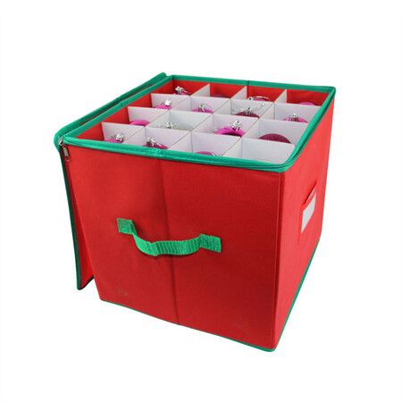 64 slots Christmas Ornament Storage Box with Adjustable Dividers, Oxford Holiday Ornament Storage Container Zipper 33x33x33cm (Red)