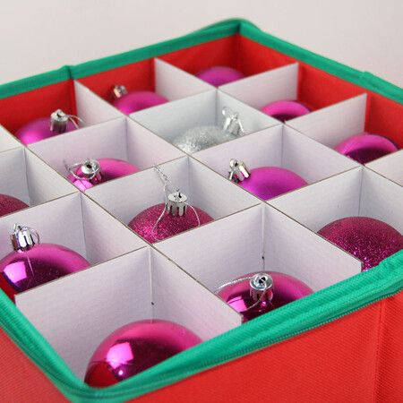 64 slots Christmas Ornament Storage Box with Adjustable Dividers, Oxford Holiday Ornament Storage Container Zipper 33x33x33cm (Red)