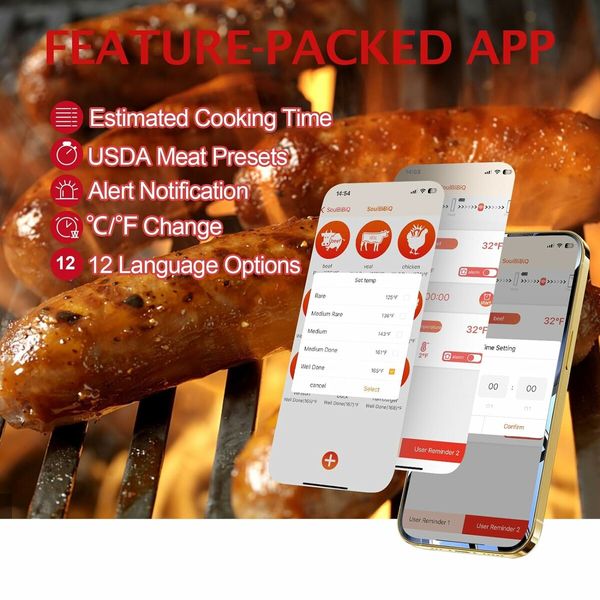 Wireless Meat Thermometer Digital Waterproof Food Thermometer for Cooking Grilling Oven Kitchen BBQ Oil Deep Frying Rotisserie with iOS and Android App