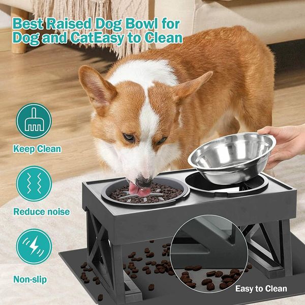 Elevated Dog Bowls with Mat 15 Degree Tilted Adjustable Raised Stand with 1 Slow Feeder Dog Bowl & 2 Stainless Steel Dog Bowls for Dogs