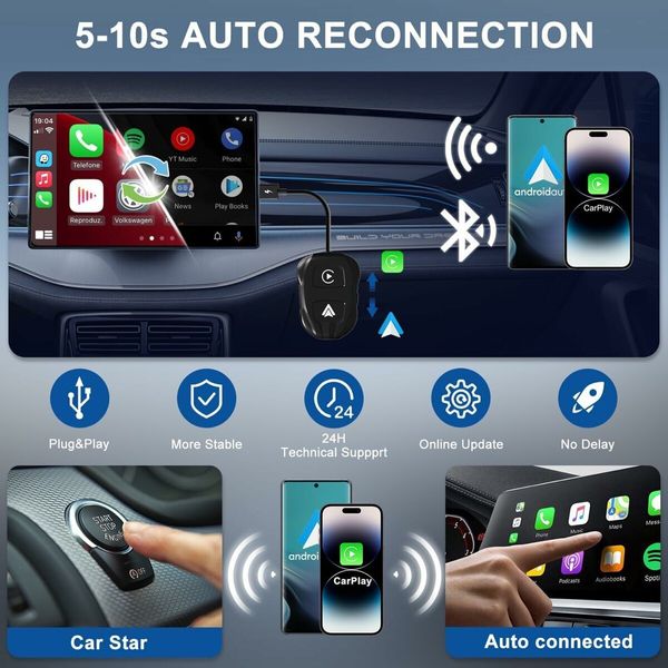 2 in 1 Wireless CarPlay Adapter and Android Auto, Dongle Convert Wired Apple Car Play to Wireless, Plug and Play, Fast Auto Connect, Compatible with iOS 12+ and Android 11+ (Black)