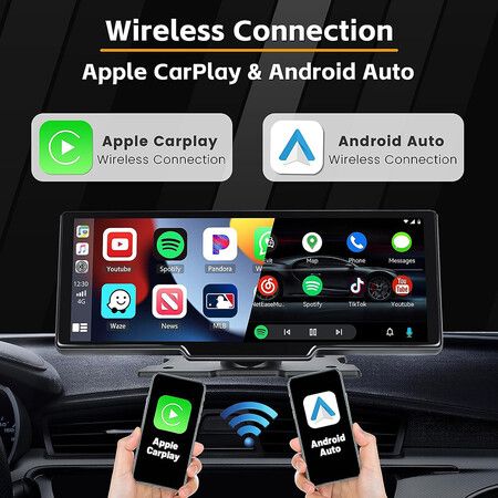 10.26 inch Portable Carplay Screen with Adjustable 4K Front 1080P Rear Camera, 64G TF Card, Carplay Screen for car