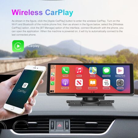 10.26 inch Portable Carplay Screen with Adjustable 4K Front 1080P Rear Camera, 64G TF Card, Carplay Screen for car