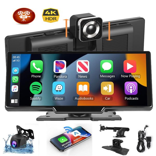 10.26 inch Portable Carplay Screen with Adjustable 4K Front 1080P Rear Camera, 64G TF Card, Carplay Screen for car