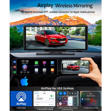 10.26 inch Portable Carplay Screen with Adjustable 4K Front 1080P Rear Camera, 64G TF Card, Carplay Screen for car