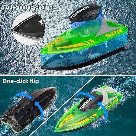 RC Boat for Kids 8-12,  Fast Remote Control Boat with LED Lights, 2.4G RC Electric Boats Pool and Lakes Toys for Adults (Transparent Green)