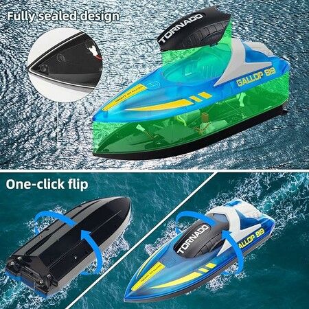 RC Boat for Kids 8-12,  Fast Remote Control Boat with LED Lights, 2.4G RC Electric Boats Pool and Lakes Toys for Adults (Transparent Blue)