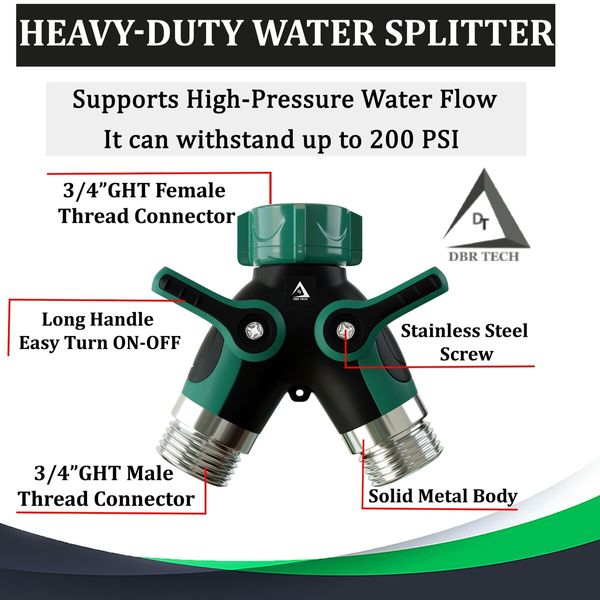 2 ways  Hose Splitter Garden Hose Outdoor Faucet Splitter,Adapter Water Hose "3/4" Y-Shaped Plastic Zinc Alloy Connector Includes 4 Sealing Rings