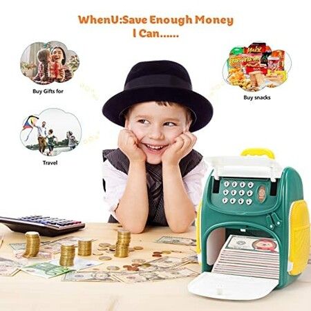 Kids Piggy Bank Toys ATM Money Bank Safe Coin Jar, Real Money Saving Box with Password Gifts for Ages 4+