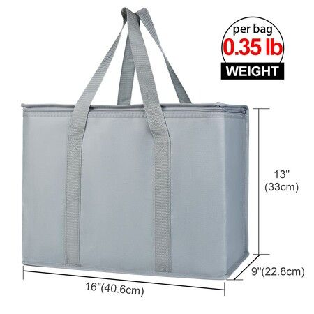 2-Pack Grey，Insulated Reusable Grocery Shopping Bags, X-Large Picnic Cooler Bag Zipper Zippered Top Cold