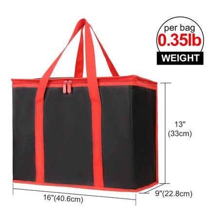 2-Pack Black with Red Edge ，Insulated Reusable Grocery Shopping Bags, X-Large Picnic Cooler Bag with Zipper Zippered Top Cold