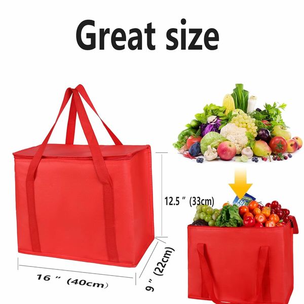 2-Pack Red ，Insulated Reusable Grocery Bag with Zippered Top, X-Large Frozen Foods Cold, Cooler Shopping Accessories, Insullated Bags