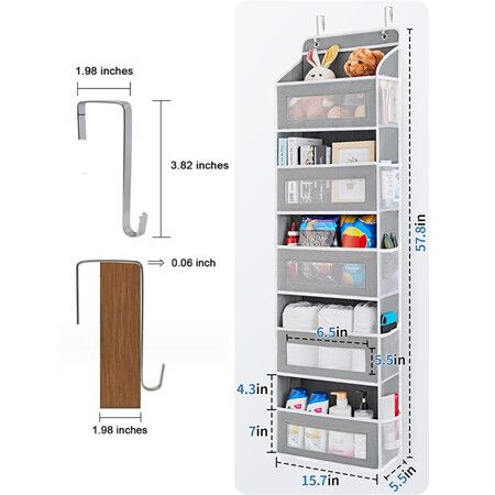 1-Grey Over Door Organizer with 5 Large Pockets 10 Mesh Side Pockets, 44 lbs Weight Capacity Hanging Storage Organizer for Kids Toys, Shoes