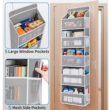 1-Grey Over Door Organizer with 5 Large Pockets 10 Mesh Side Pockets, 44 lbs Weight Capacity Hanging Storage Organizer for Kids Toys, Shoes