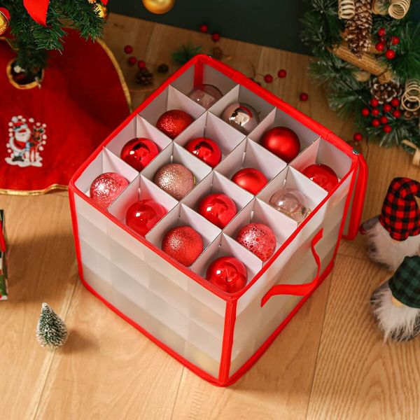 1-Red Plastic Christmas Ornament Storage Box with Zippered Closure, Hold 64 Christmas Balls Holiday Ornaments Storage Cube Organizer Dividers