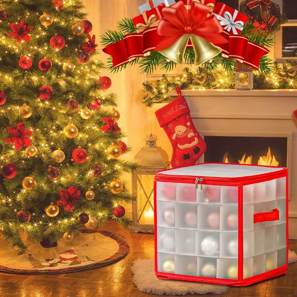 1-Red Plastic Christmas Ornament Storage Box with Zippered Closure, Hold 64 Christmas Balls Holiday Ornaments Storage Cube Organizer Dividers