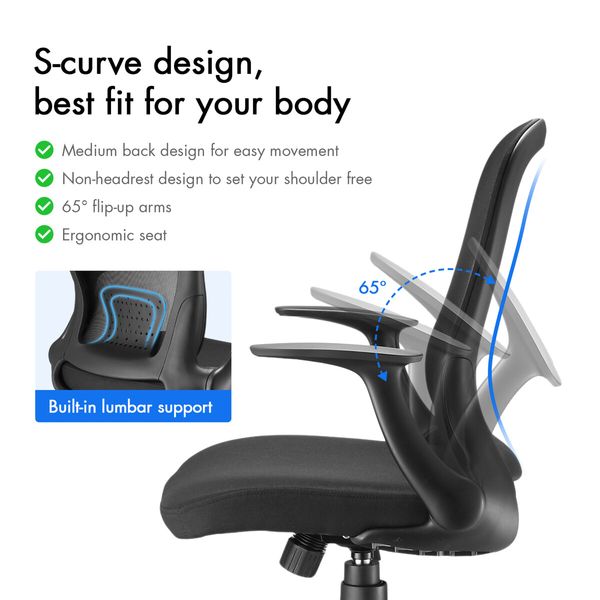 Mesh Office Chair Ergonomic Gaming Armchair Mid Back Work Study Desk Computer Seat Home Executive Task Swivel Tilt Lumbar Support Armrest Black