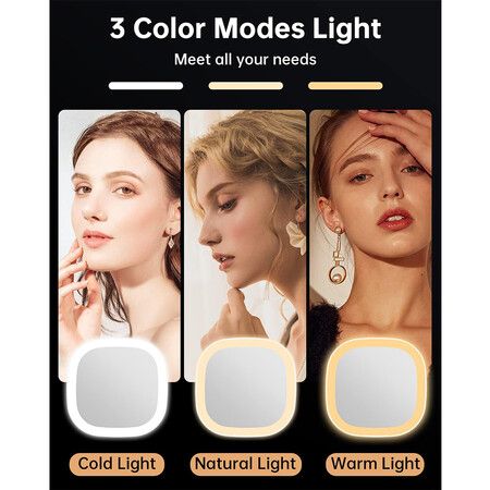 Double sided Rechargeable Travel Makeup Mirror with Lights and Magnification 10X for Purse White