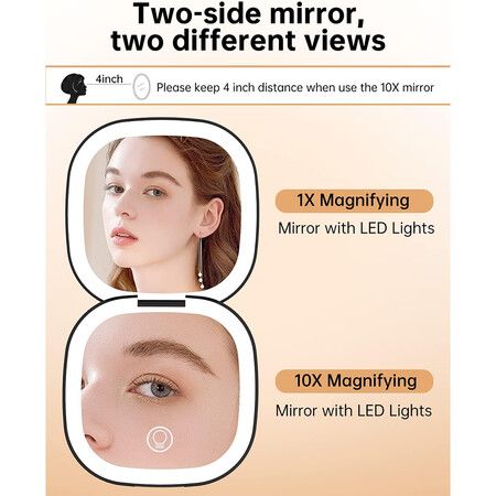 Double sided Rechargeable Travel Makeup Mirror with Lights and Magnification 10X for Purse Black