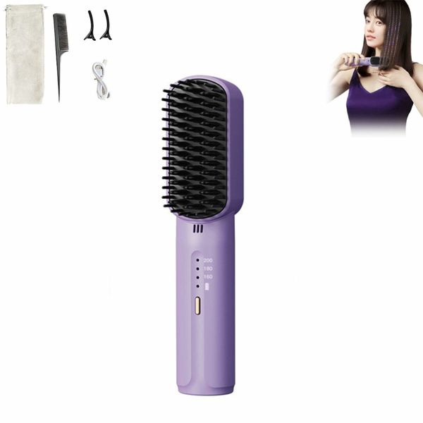 2In1 Hair Straightening Comb 3200mAh Negative Ions  Cordless Mini Hair Straightening Comb, 3-Speed Temperature Control Hair Straightening Brush  (Purple)