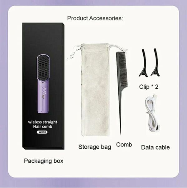 2In1 Hair Straightening Comb 3200mAh Negative Ions  Cordless Mini Hair Straightening Comb, 3-Speed Temperature Control Hair Straightening Brush  (Purple)