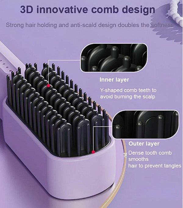 2In1 Hair Straightening Comb 3200mAh Negative Ions  Cordless Mini Hair Straightening Comb, 3-Speed Temperature Control Hair Straightening Brush  (Purple)