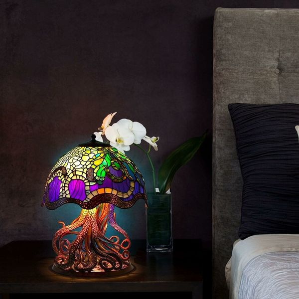 Stained Glass Plant Series Table Lamp, Painting Glass Mushroom Table Lamp Vintage Desk Lamps Decorative Bedside Lamp for Bedroom Living Room Home Office Decor