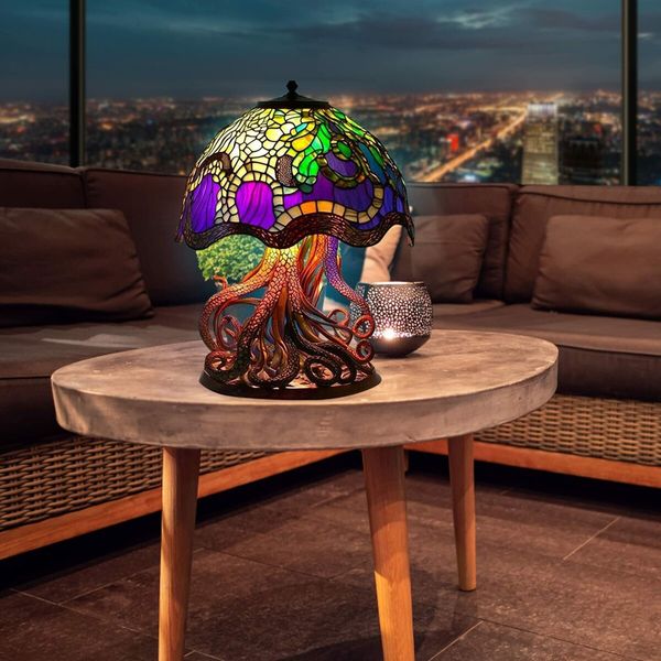 Stained Glass Plant Series Table Lamp, Painting Glass Mushroom Table Lamp Vintage Desk Lamps Decorative Bedside Lamp for Bedroom Living Room Home Office Decor