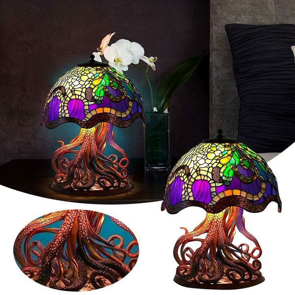 Stained Glass Plant Series Table Lamp, Painting Glass Mushroom Table Lamp Vintage Desk Lamps Decorative Bedside Lamp for Bedroom Living Room Home Office Decor