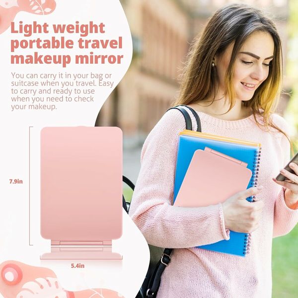 Travel Mirror for Makeup, Rechargeable Light up Mirror with 72 LED Lights and 1000mAh Batteries (Pink)