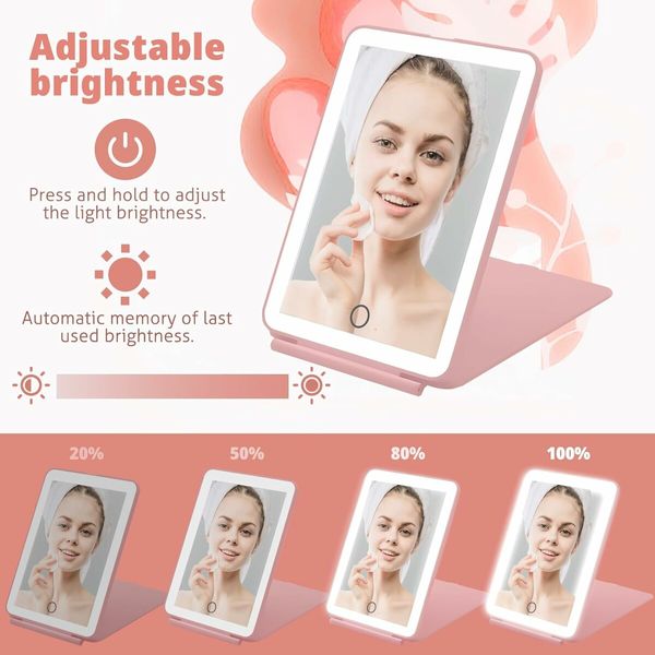 Travel Mirror for Makeup, Rechargeable Light up Mirror with 72 LED Lights and 1000mAh Batteries (Pink)