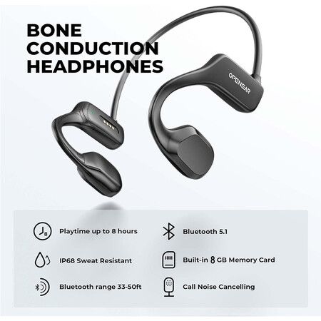 Bone Conduction Headphones, Open Ear Headphones Bluetooth 5.1 with Mic with Built in 8G Memory for Running,Cycling Black