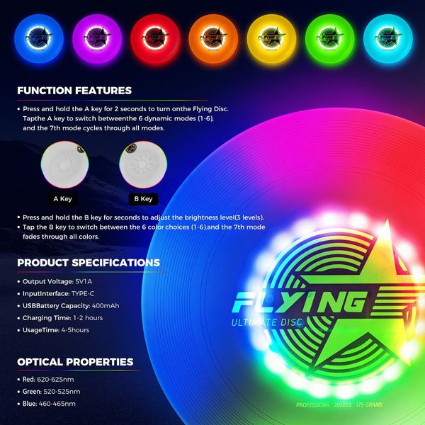 Glow in The Dark LED Flying Disc - 7 Dynamic Modes, 7 Colors, IP65 Waterproof, Perfect Birthday & Camping Gift  - Outdoor Games & Cool Toys