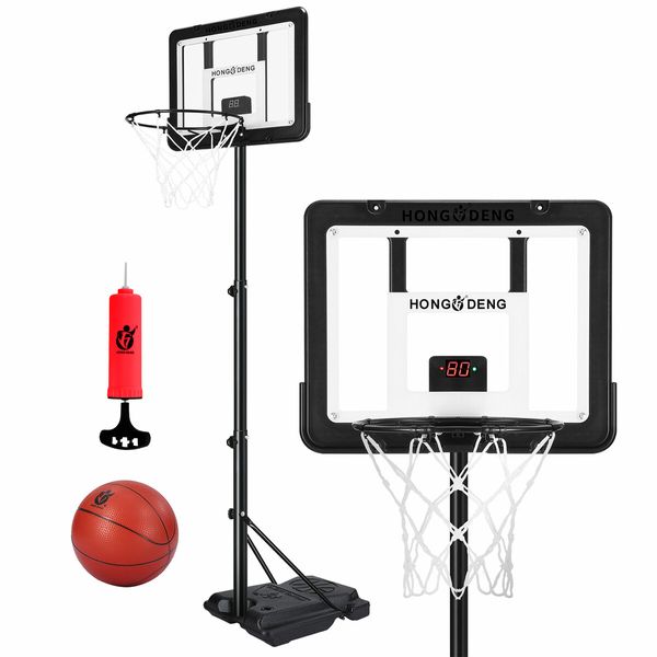 1.6-2m Basketball Hoop Ring Stand System with Scoreboard Rim Net Ball Portable Backboard Kids Adults Training Station Playground Adjustable Height