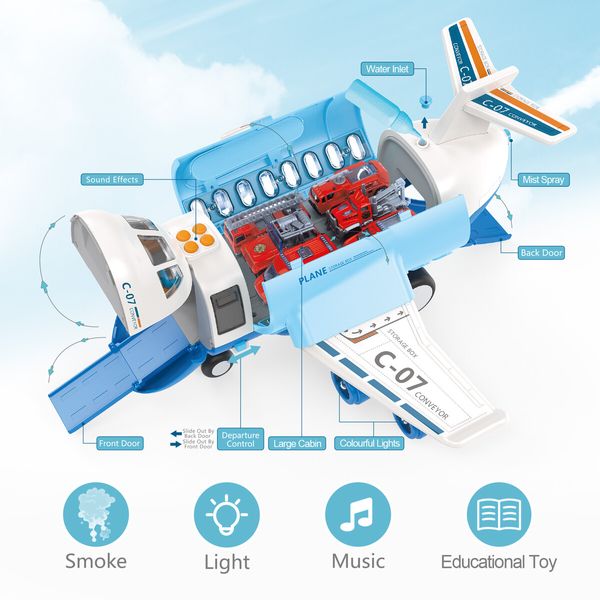 Plane Cargo Toy Set with Fire Trucks Jet Aircraft Storage Transport Airplane Aeroplane Carrier Educational Toy Learning Playset with Mist Spray Light Music