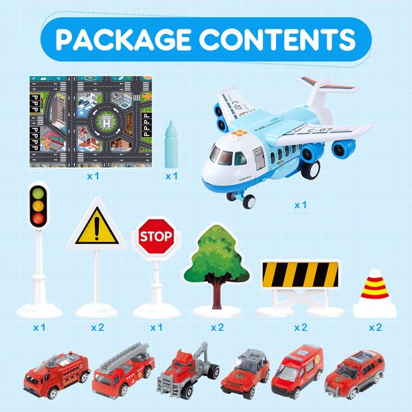 Plane Cargo Toy Set with Fire Trucks Jet Aircraft Storage Transport Airplane Aeroplane Carrier Educational Toy Learning Playset with Mist Spray Light Music