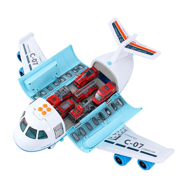 Plane Cargo Toy Set with Fire Trucks Jet Aircraft Storage Transport Airplane Aeroplane Carrier Educational Toy Learning Playset with Mist Spray Light Music