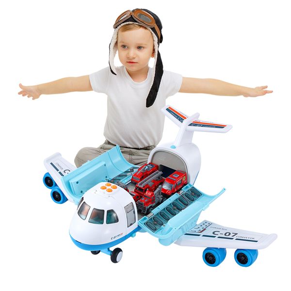 Plane Cargo Toy Set with Fire Trucks Jet Aircraft Storage Transport Airplane Aeroplane Carrier Educational Toy Learning Playset with Mist Spray Light Music