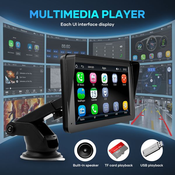 7 Inch Portable Car Stereo Head Unit Apple CarPlay Android Auto Bluetooth Audio Radio MP5 Player Camera System Touchscreen Sunshade