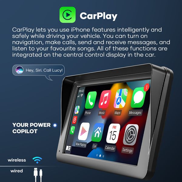 7 Inch Portable Car Stereo Head Unit Apple CarPlay Android Auto Bluetooth Audio Radio MP5 Player Camera System Touchscreen Sunshade