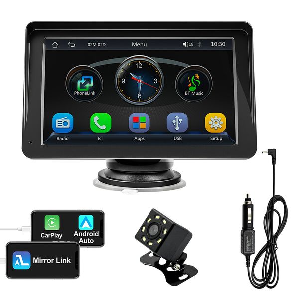 7 Inch Portable Car Stereo Head Unit Apple CarPlay Android Auto Bluetooth Audio Radio MP5 Player Camera System Touchscreen Sunshade