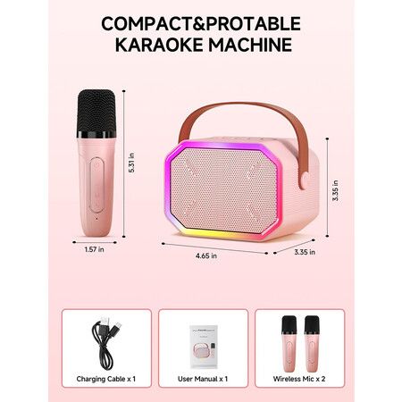 Karaoke Machine for Kids and Adults, Mini Portable Bluetooth Speaker with 2 Wireless Microphones for Girls Boys Age 6+ Pink