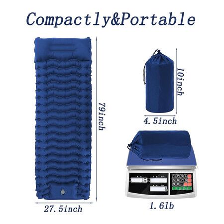 Self Inflating Sleeping Camping Mattress Pad with Built-in Foot Pump for Camping Blue