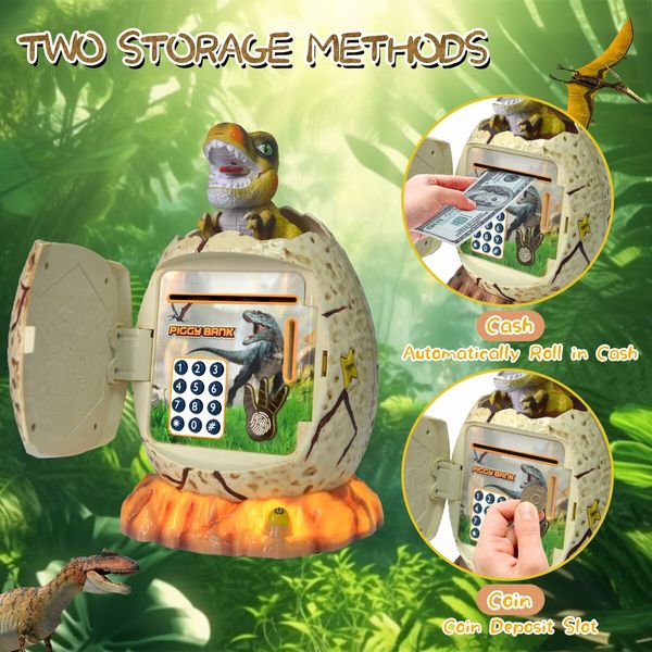 Piggy Bank for Kids Dinosaur Egg Money Bank with Fingerprint Unlocking Password ATM Machine  Cash Coin Electronic Money Saving Box for Kids - White