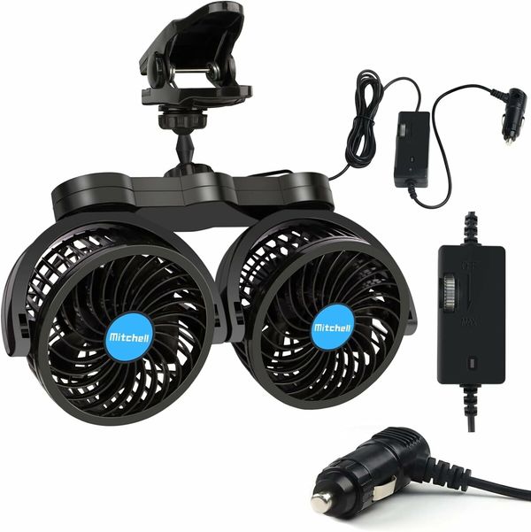 Car Fan 4 Inches Car Clip Fan, Adjustable Dual Head 12v Fan for Front or Rear Seat Passenger for Car Vehicle SUV, RV